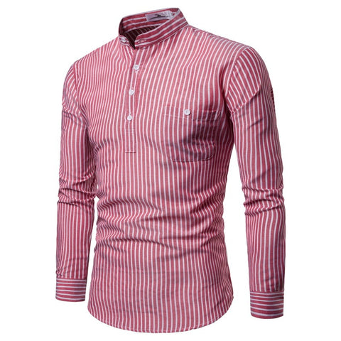 Men Shirt Korean Stripe Long Sleeve Shirts Mandarin Collar Slim Fit Dress Shirt